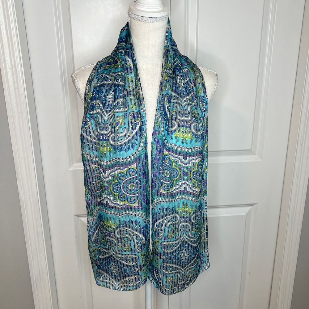 Echo Turquoise Blue Floral Paisley Rectangle Silk Scarf Purse Tie Purple Green